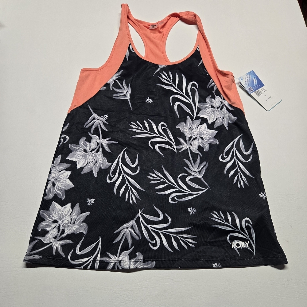 Roxy Black Floral Tank with Coral Racerback Straps
